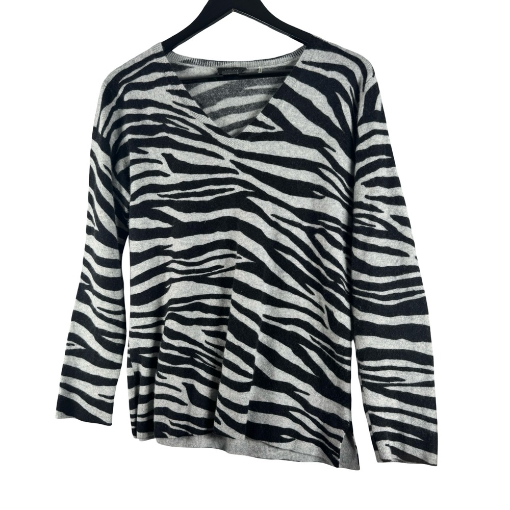 Pure Amici Cashmere Womens Zebra Print Soft 100% Cashmere Swetaer Vneck Sz M